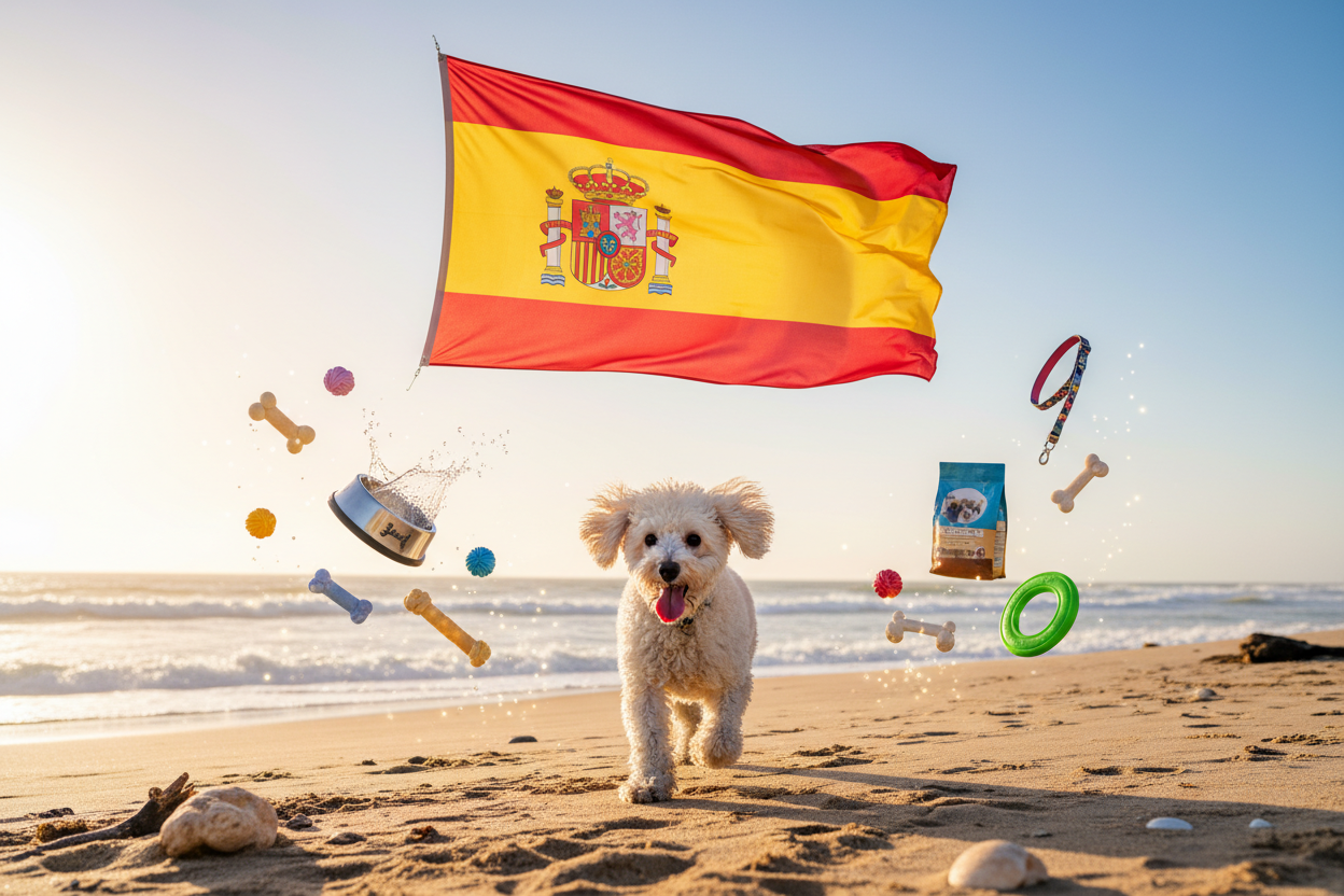un caniche chien heureux dans la plage et un grand drapeau espagnole sans batton qui survole la plage et des objets de chiens supplies qui flotte dans l air en slow motion , rendu heureux joyeux ecommerce et pas trop chargé , clean render 4k
